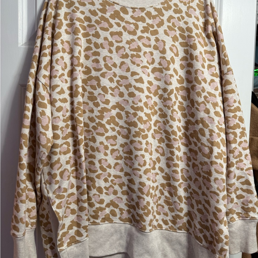 Aerie Leopard Print Crew Neck Sweater - Pink and Tan